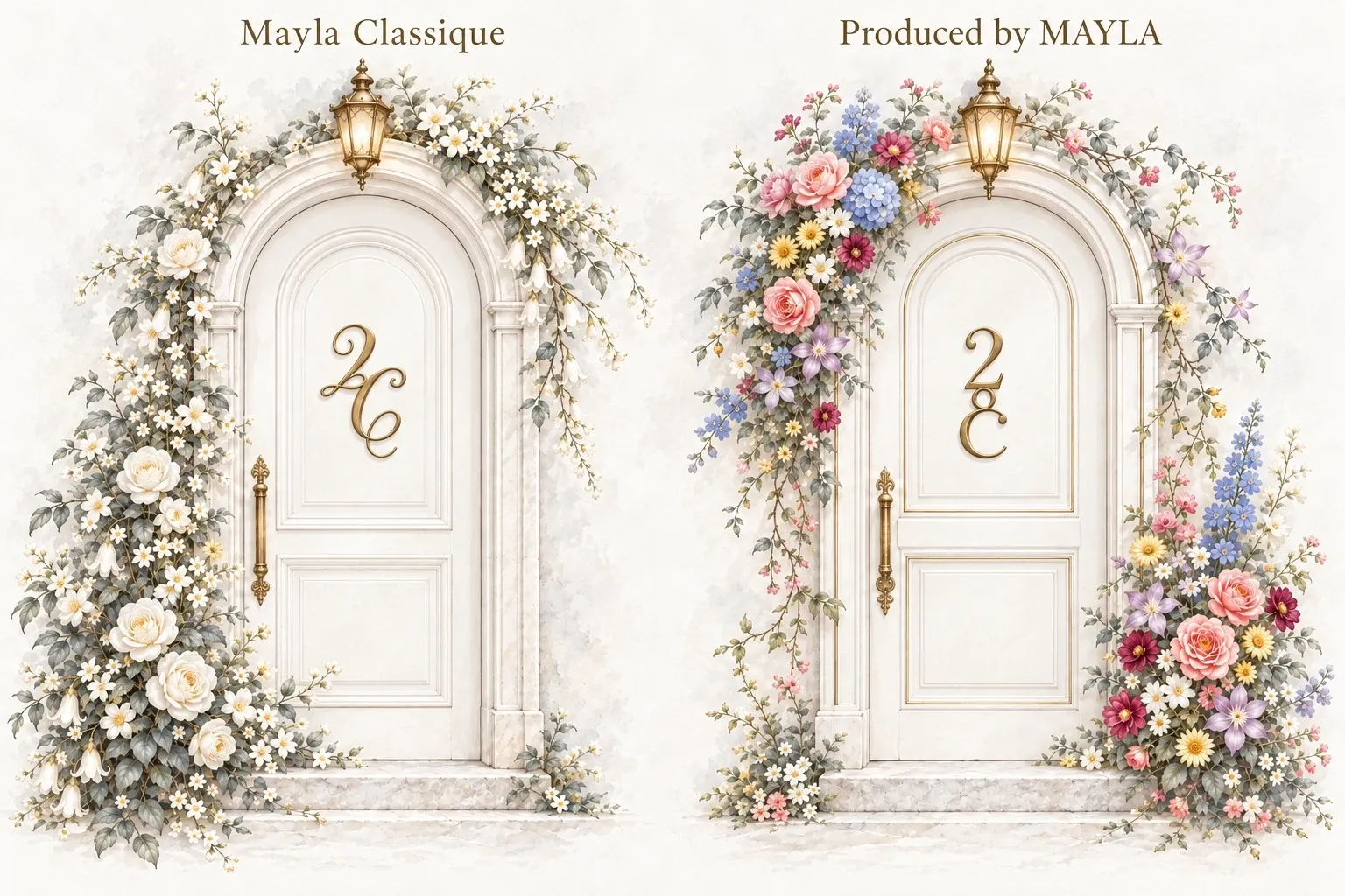 薔薇に囲まれたProduced by MAYLAのコラボレーションの世界への白い扉
