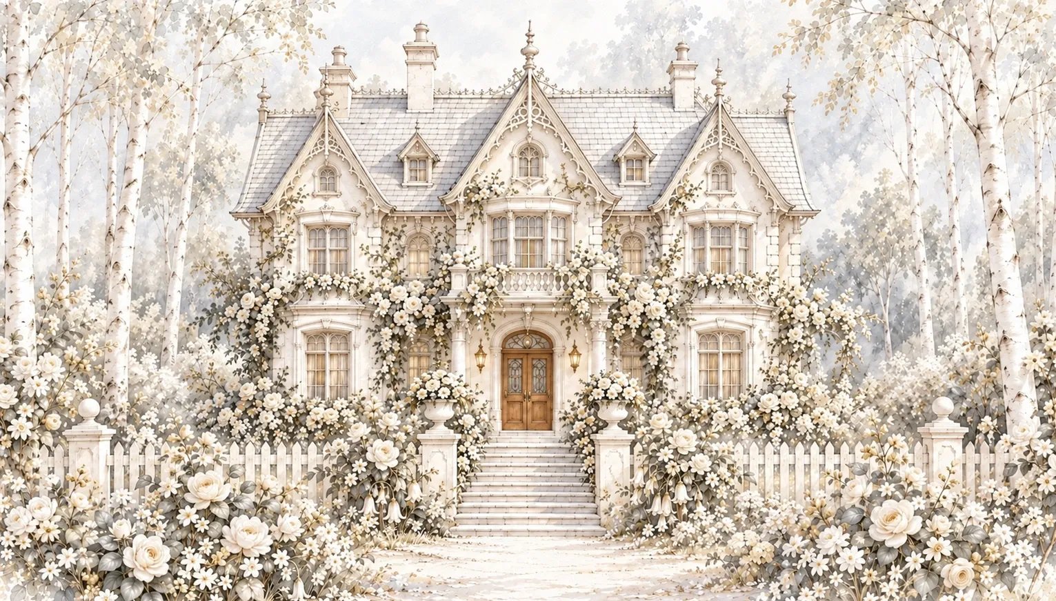 花咲く庭園と木々に囲まれたHouse of MAYLAの洋館